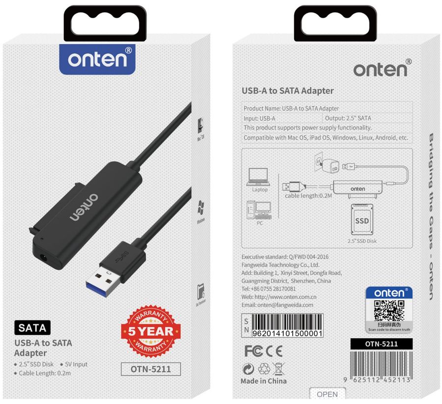 ONTEN OTN-5211 USB to SATA adapter with power supply USB