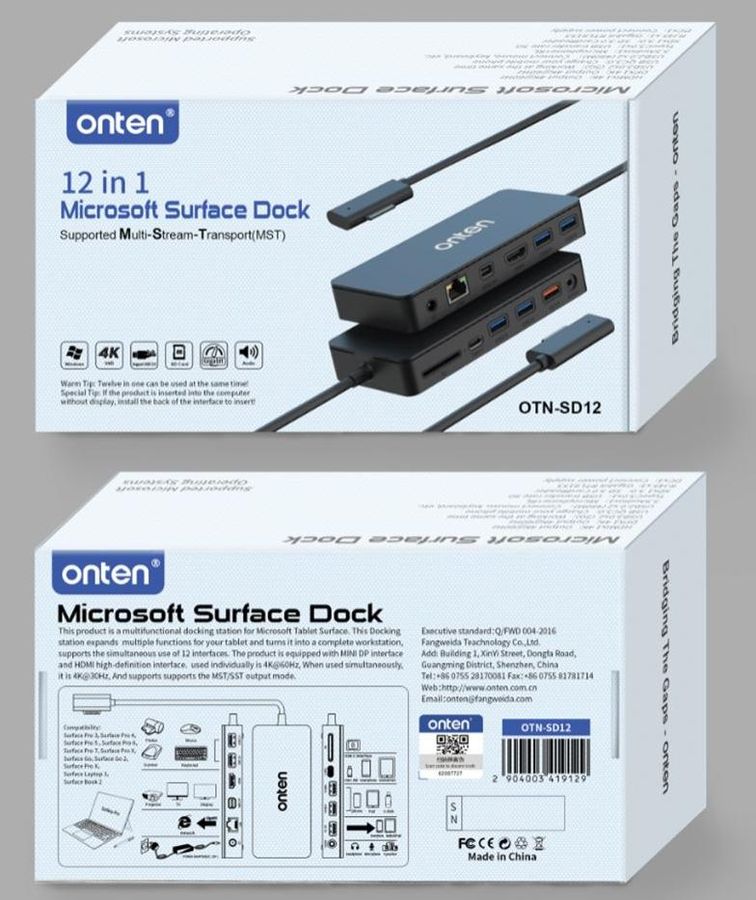 ONTEN OTN-SD12 12-in-1 Surface Multi-function docking station HDMI+Mini DP+RJ45(Gigabit)+USB 3.0*2+USB2.0*2+USB(QC 3.0)+