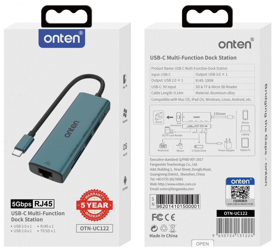 ONTEN OTN-UC122 6-in-1 USB-C to 100Mbps network card and SD/TF Card Reader(USB 2 Ports HUB) USB-C
