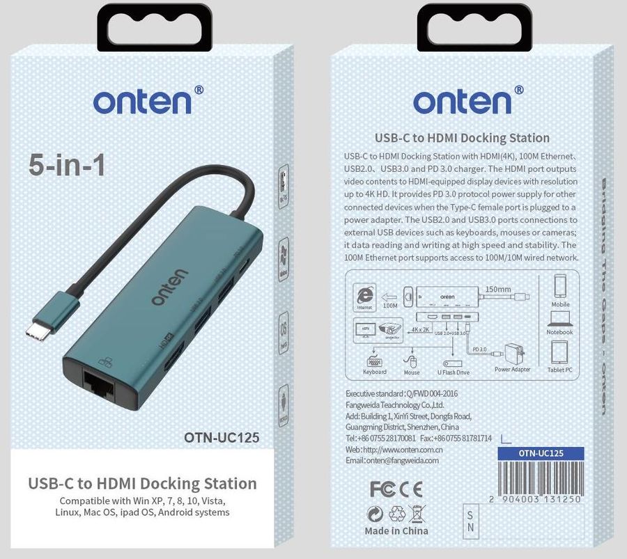 ONTEN OTN-UC125 5-in-1 USB-C to HDMI Adapter with 100M Network Card(USB 3.0+USB 2.0) USB-C